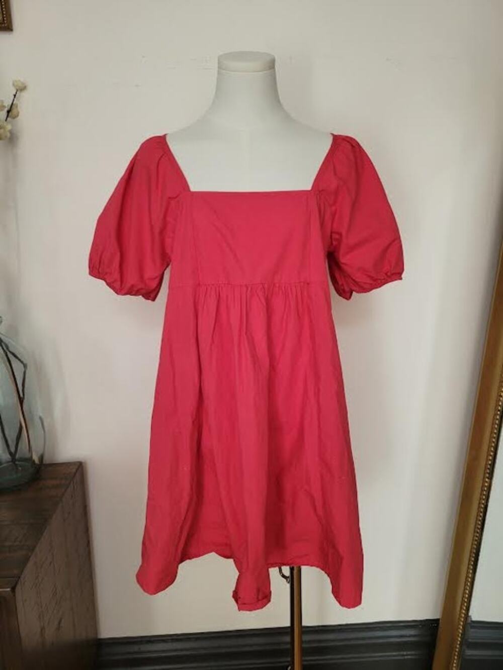 Crimson Red 100% Cotton Babydoll Puff Sleeve Mini Summer Dress